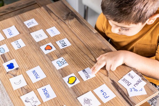 Young boy sitting at a desk matching words to pictures.